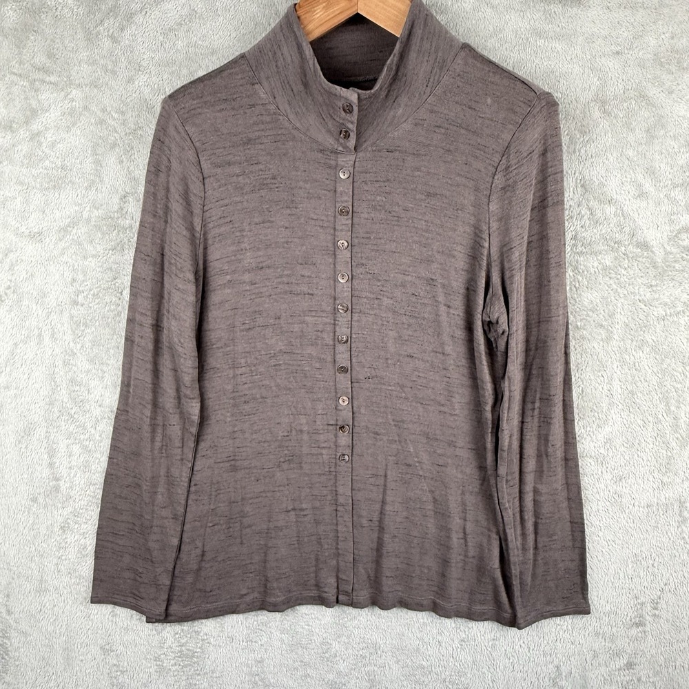 Nic & Zoe Button Down Turtleneck Womens Large Space Dye Gray Stretch Knit Casual
